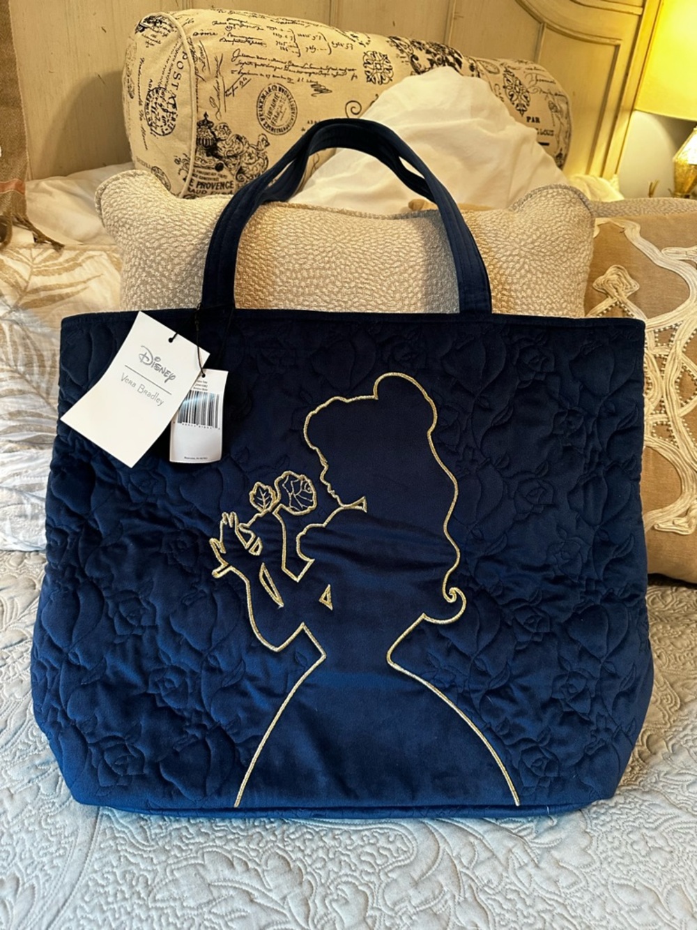 Vera Bradley Navy Quilted Tote Gold Princess Silhouette Disney Bonjour Belle NWT